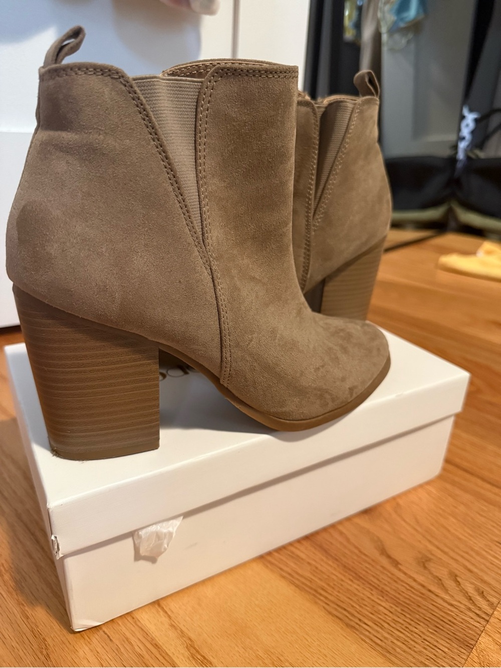 Express Taupe Suede Stacked Heel Ankle Booties